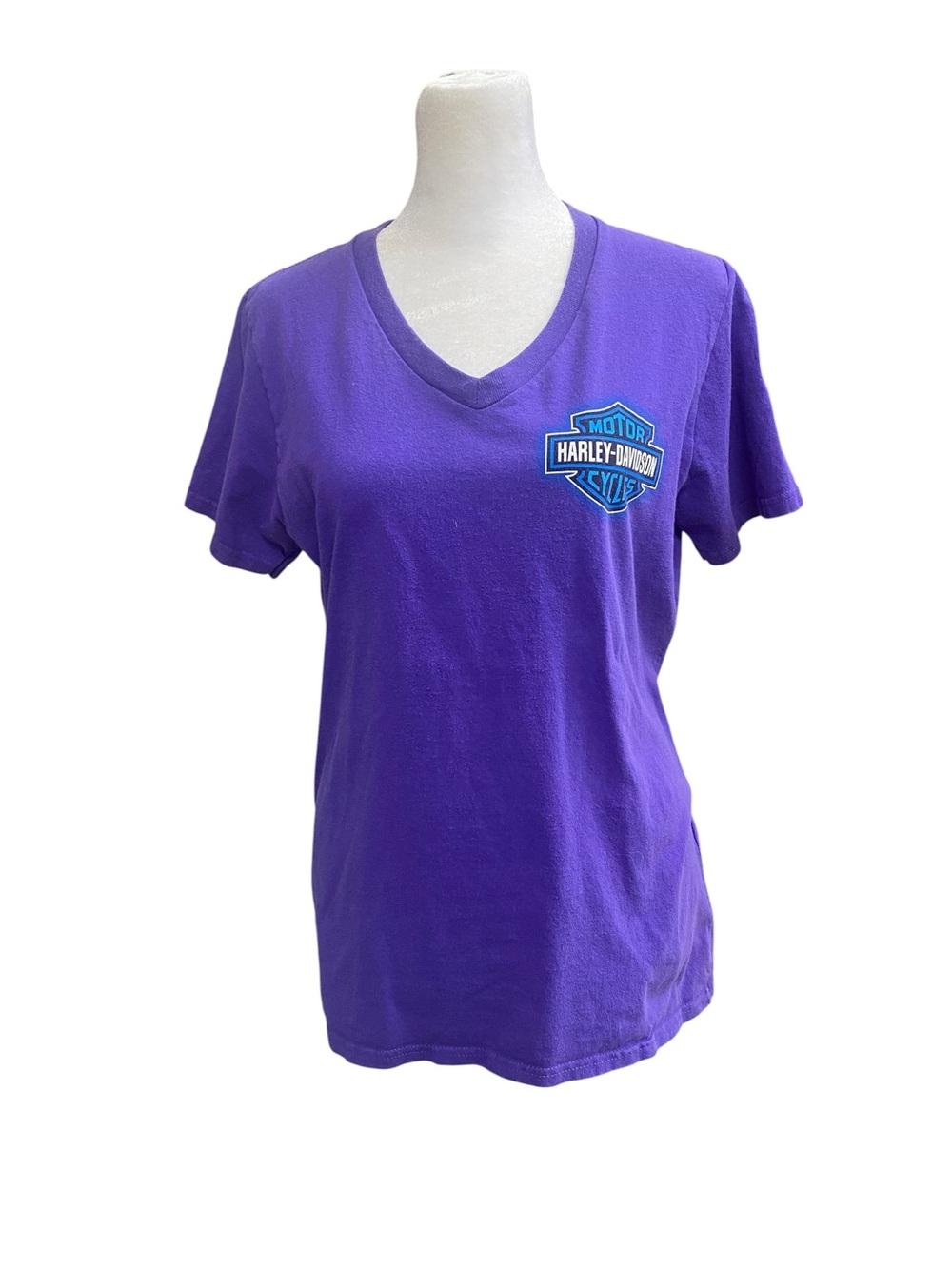 Harley-Davidson Women S Purple V-Neck Tee front HD Logo, back Cozumel HD graphic